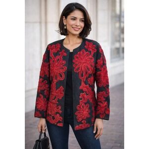 Chicos Design Black Red Floral Embroidered‎ Wool Blend Jacket Size 1